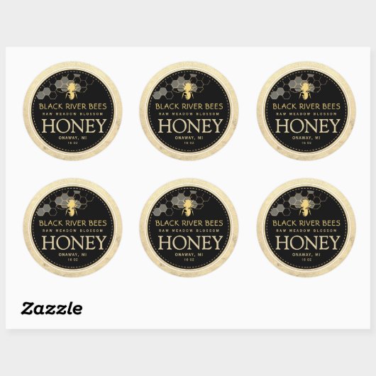 Sticker Rond Honeypeb & Bee Raw Miel Iridescente Bordure Jaune (Feuille)