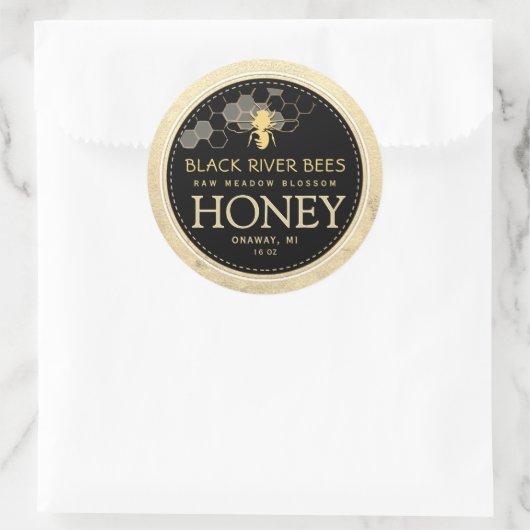 Sticker Rond Honeypeb & Bee Raw Miel Iridescente Bordure Jaune (Sac)