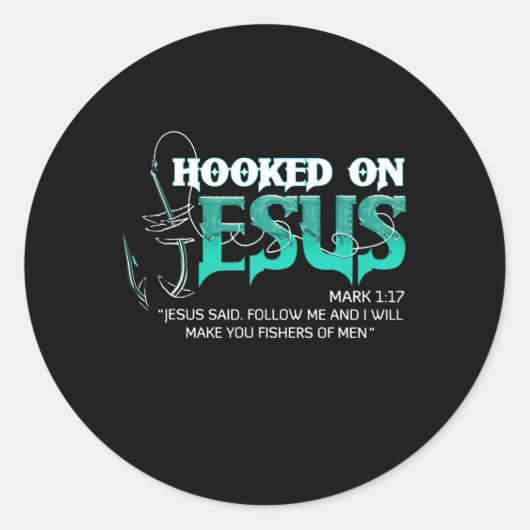 Sticker Rond Hooked on Jesus Funny Fishing (Devant)