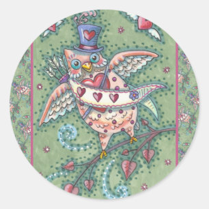 STICKER ROND HOOTS BLANCS N' COEURS CUPID OWL VALENTINE