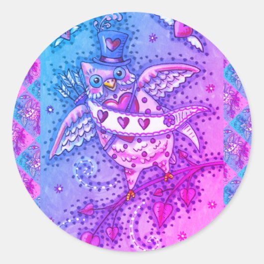 STICKER ROND HOOTS BLANCS N' COEURS CUPID OWL VALENTINE (Devant)