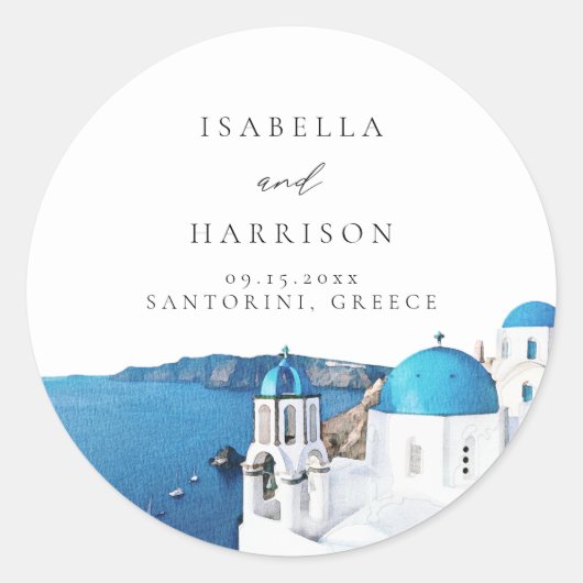 Sticker Rond HORIZON DE SANTORINI GRÈCE Aquarelle (Devant)