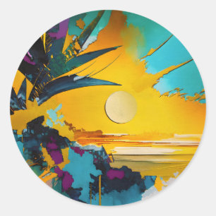 Sticker Rond Horizon Doré – Coucher de Soleil Tropical Abstrait
