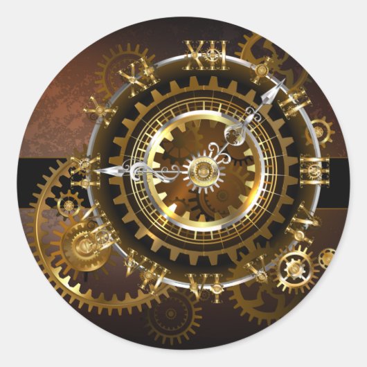 Sticker Rond Horloge Steampunk avec des engrenages anciens (Devant)