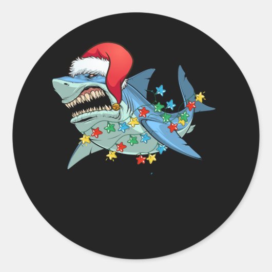 Sticker Rond Horreur Requin affamé Santa Chapeau Noël lumières (Devant)