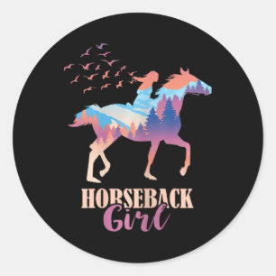 Sticker Rond Horseback Girl Horseback équitation Cheval Course