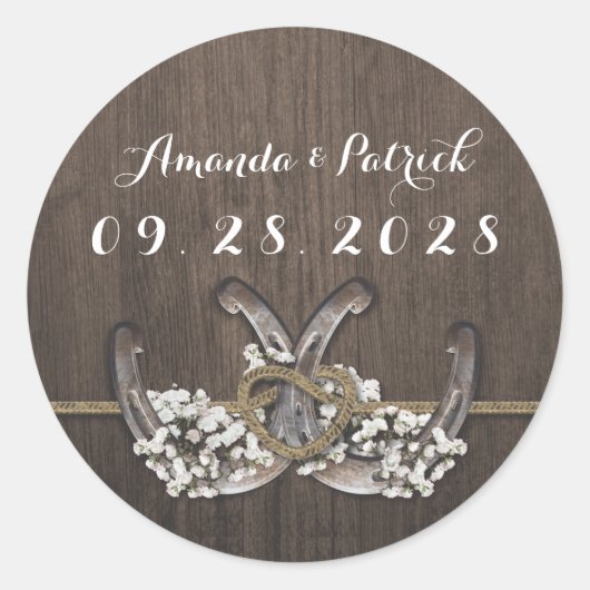 Sticker Rond Horseshoe Bébé's Breath Rustic Wedding Favor (Devant)