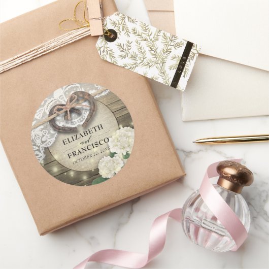 Sticker Rond Horseshot Heart Lace Hydrangea Wood Wedding shower (Cadeaux)
