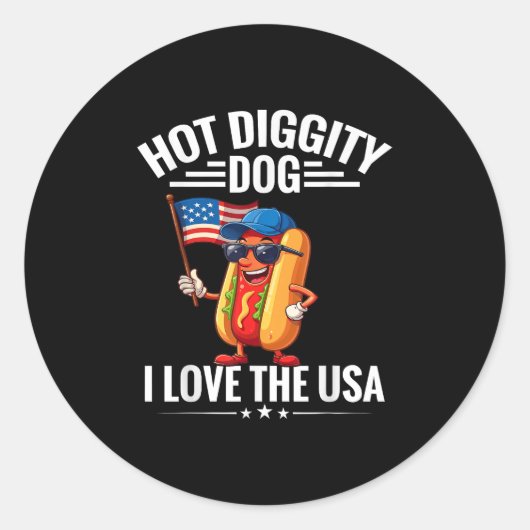 Sticker Rond Hot Diggity Chien I Love Usa America Drapeau Hotdo (Devant)