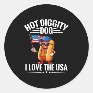 Sticker Rond Hot Diggity Chien I Love Usa America Drapeau Hotdo