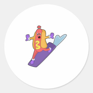 Sticker Rond Hot-dog as Snowboarder with Sonowboard
