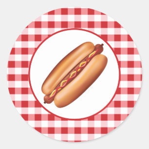 Sticker Rond Hot Dog Fast Food Snack Sur Red En vichy