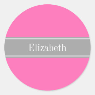 Sticker Rond Hot Pink #2, Dark Gray Ribbon Nom Monogram