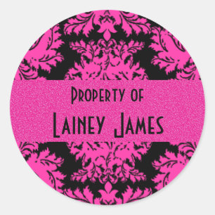 Sticker Rond Hot rose et noir Damas