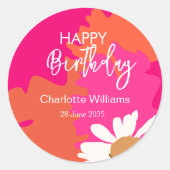 Sticker Rond Hot rose et orange Floral Bonne fête d'anniversair (Devant)