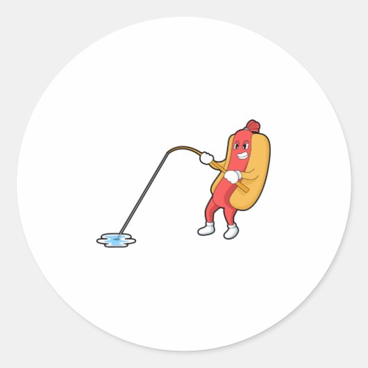 Sticker Rond Hotdog à la pêche avec bâtonnet de pêche (Devant)