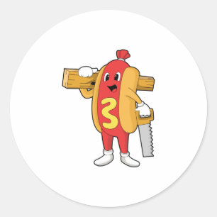 Sticker Rond Hotdog as Carpenter with Saw & Wood