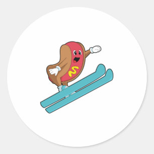 Sticker Rond Hotdog comme sauteur de ski avec Ski.PNG