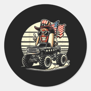 Sticker Rond Hotdog Riding Monster Truck 4 juillet Drapeau C