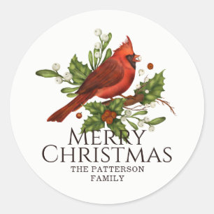 Sticker Rond Houx et Cardinal Rouge Noël Nom Personnalisé