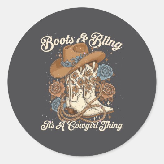 Sticker Rond Howdy Country Rodeo Boots &amp; Bling Its A Cowgir (Devant)