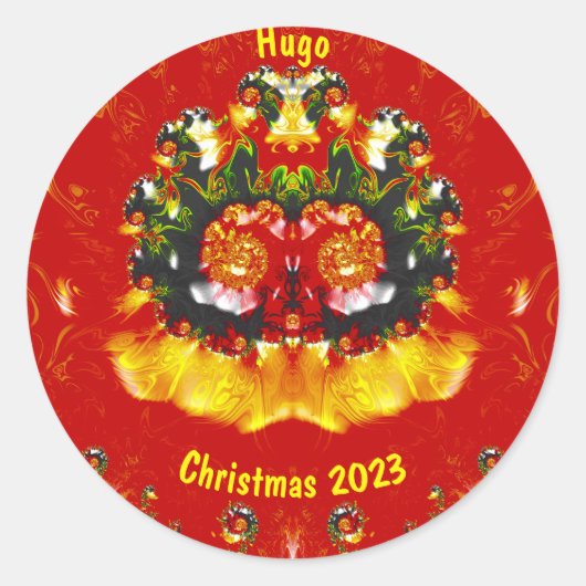 Sticker Rond HUGO ~ NOËL Rouge Vert Jaune Fractale ~ (Devant)