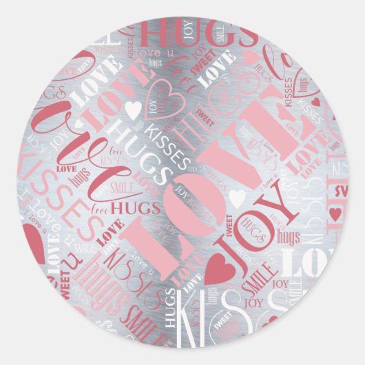 Sticker Rond Hugs and Kisses Word Cloud Pink/Silver ID286 (Devant)