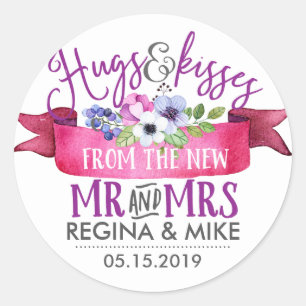 Sticker Rond Hugs Baisers Du Nouveau M. Mme Flower Mariage