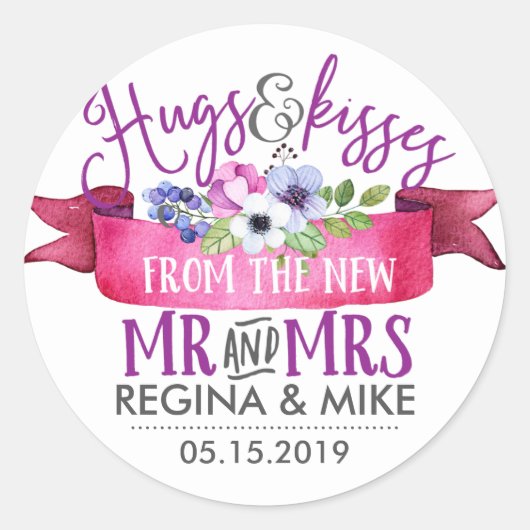 Sticker Rond Hugs Baisers Du Nouveau M. Mme Flower Mariage (Devant)