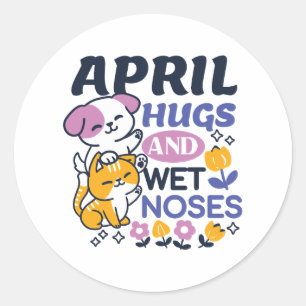 Sticker Rond Hugs d'avril et nez mouillé - Cute chien et chat a