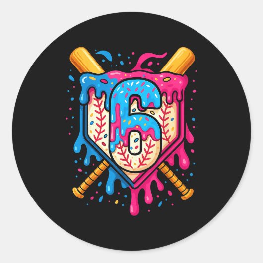 Sticker Rond Hugvyn 6th Birthday Baseball Ice Cream Drip Number (Devant)