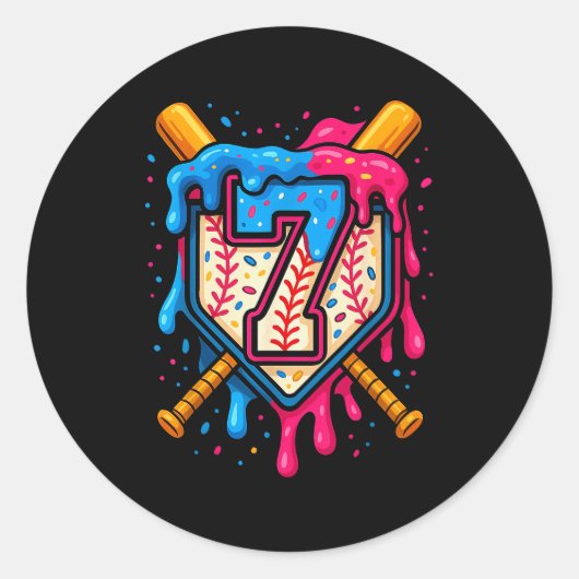 Sticker Rond Hugvyn 7th Birthday Baseball Ice Cream Drip Number (Devant)