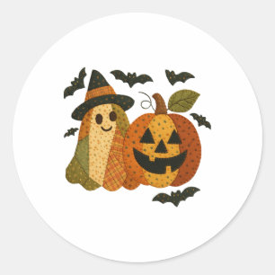 Sticker Rond Hugvyn Halloween Preppy Patchwork Citrouille Flora