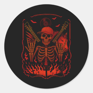 Sticker Rond Hugvyn Halloween Skeleton Rock mains Rocker Mens B