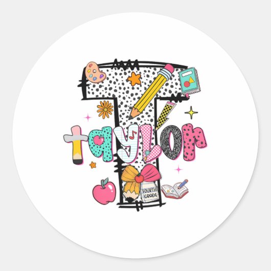 Sticker Rond Hugvyn Retour à l'école Taylor Nom Quatrième Année (Devant)