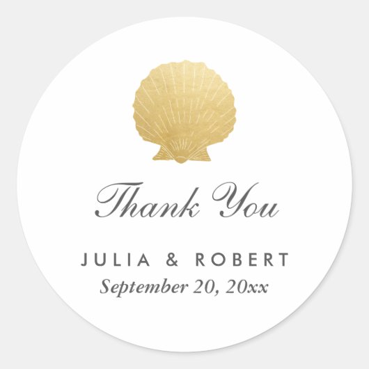 Sticker Rond Huile d'or Seashell Faux | Merci Mariage Océan (Devant)