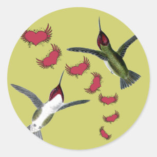 Sticker Rond Humming Birds Grunge Hearts with Wings