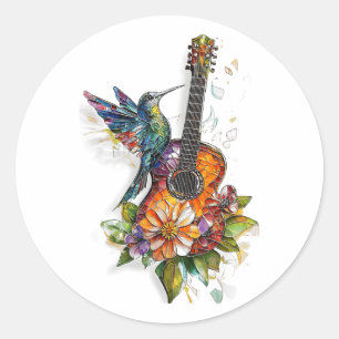 Sticker Rond Hummingbird Guitare Floral Musicien Nature Lover B