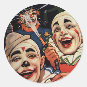 Sticker Rond Humour Vintage, Clowns de Cirque qui Rigolent et P