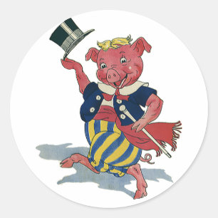 Sticker Rond Humour Vintage, Cochon Heureux qui Danse