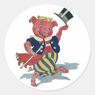 Sticker Rond Humour Vintage, Cochon Heureux qui Danse