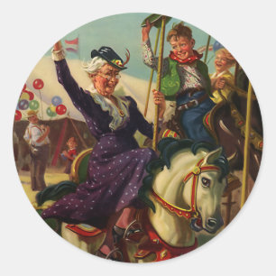 Sticker Rond Humour Vintage, Grand-mère sur un cheval de manège