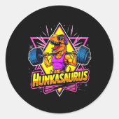 Sticker Rond Hunkasaurus Gym Workout T-rex Powerlifter Bodybui (Devant)