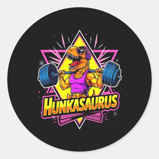 Sticker Rond Hunkasaurus Gym Workout T-rex Powerlifter Bodybui (Devant)