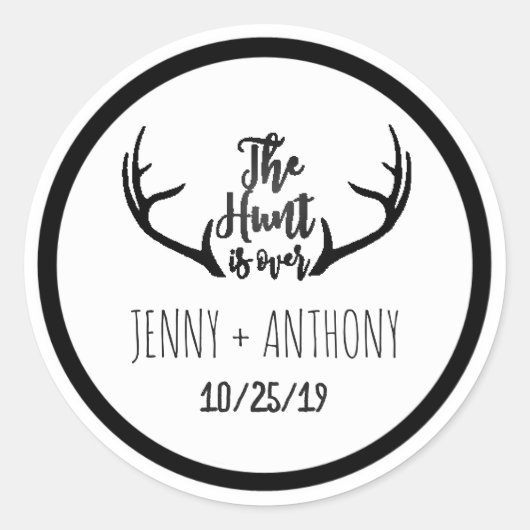 Sticker Rond "Hunt is Over" Rustic Antler Enregistrer le phoque (Devant)