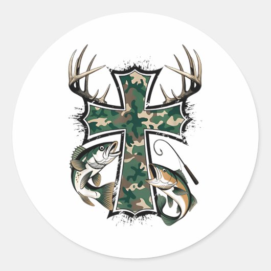 Sticker Rond Hunting Fishing Faith - Christian Hunter Fisherman (Devant)