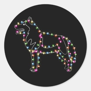 Sticker Rond Husky Avec Noël Lumière Husky Lover Joyeux Noël