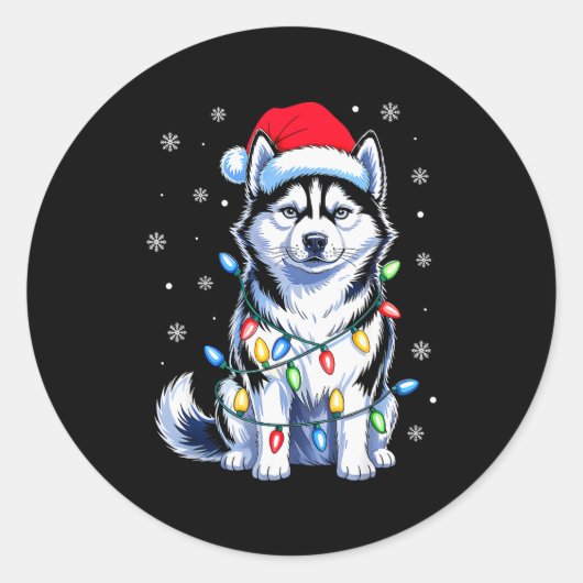Sticker Rond Husky Dog Christmas Lights Santa Hat Family Xmas P (Devant)