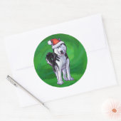 Sticker Rond Husky festif à Santa Hat sur Vert (Enveloppe)