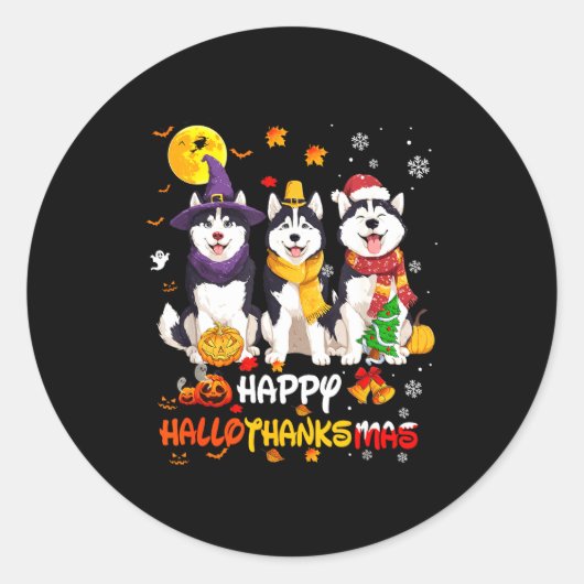 Sticker Rond Husky Happy Hallothanksmas Dog Lover Christmas (Devant)